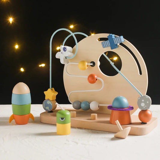 Wooden Space-themed Beaded Toy - Educational Fun for Babies!